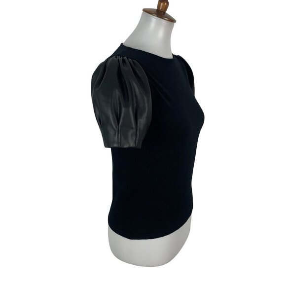 Siani Milano Top XS Black Knit Short Sleeve‎ Puff Sleeve Minimal Chic - Picture 3 of 6